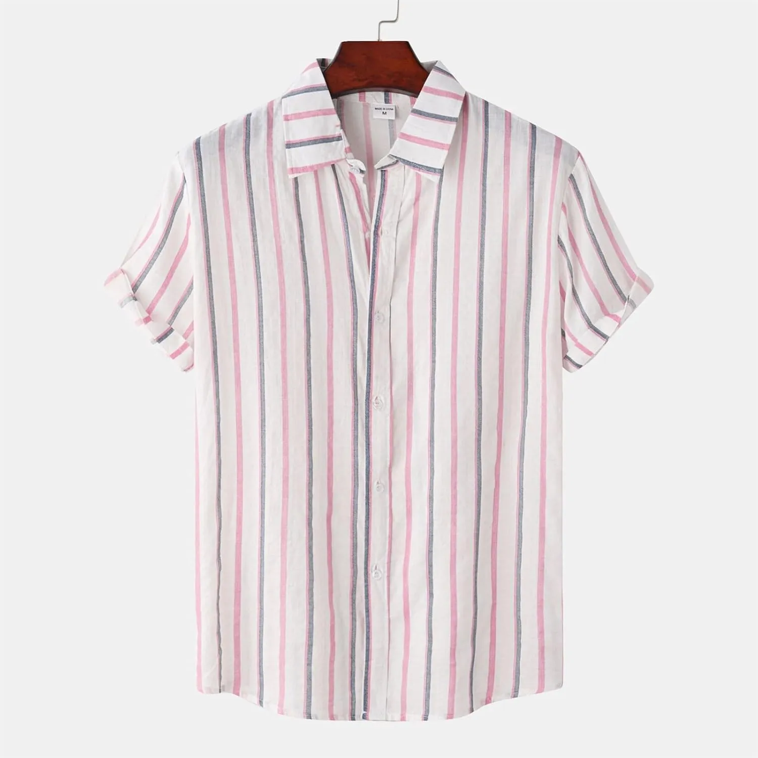 Mens Color Block Striped Print Short Sleeve Button Up Casual Shirts, Cotton Linen Summer Floral Hawaiian Shirts