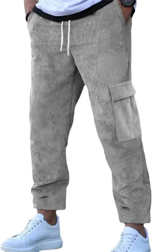 Men's Comfortable Casual Pants Corduroy Waffle Knit Elastic Waist Drawstring for Easy Pull On Streetwear