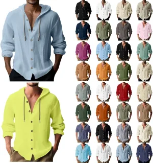 Mens Cotton Linen Shirts Long Sleeve Lightweight Casual Button Drawstring Tee Tops Casual Breathable Summer Beach Hoodie