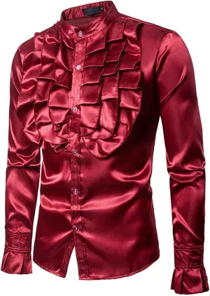 Mens Dress Shirts Long Sleeve Ruffled Shirt Satin Silk Dancing Shirt Disco Button Down Tops for Party Prom Nightclub