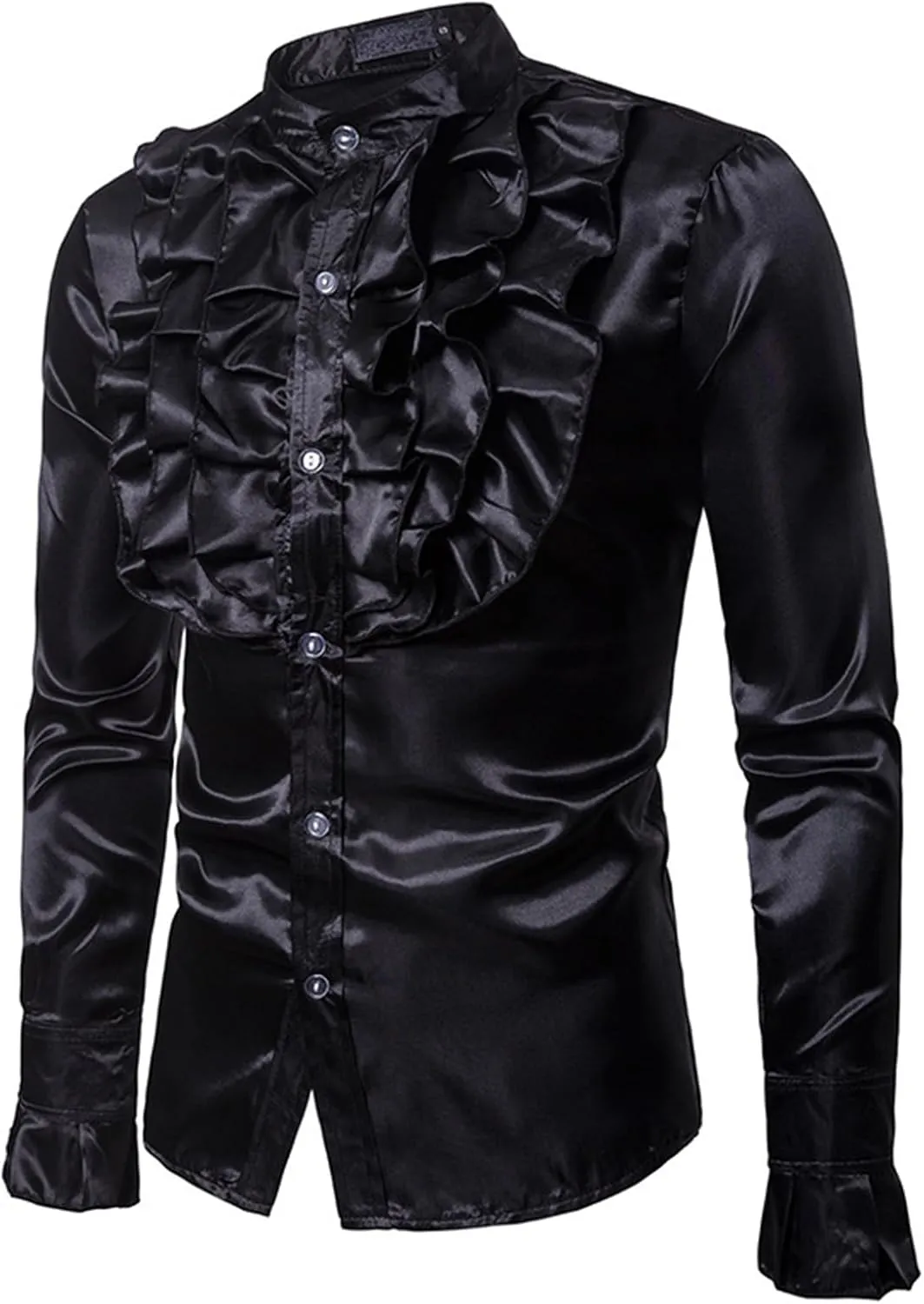Mens Dress Shirts Long Sleeve Ruffled Shirt Satin Silk Dancing Shirt Disco Button Down Tops for Party Prom Nightclub
