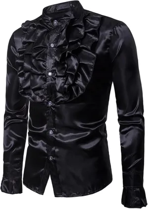 Mens Dress Shirts Long Sleeve Ruffled Shirt Satin Silk Dancing Shirt Disco Button Down Tops for Party Prom Nightclub