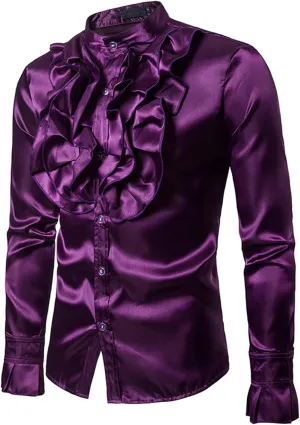 Mens Dress Shirts Long Sleeve Ruffled Shirt Satin Silk Dancing Shirt Disco Button Down Tops for Party Prom Nightclub