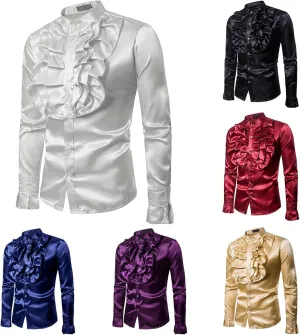 Mens Dress Shirts Long Sleeve Ruffled Shirt Satin Silk Dancing Shirt Disco Button Down Tops for Party Prom Nightclub