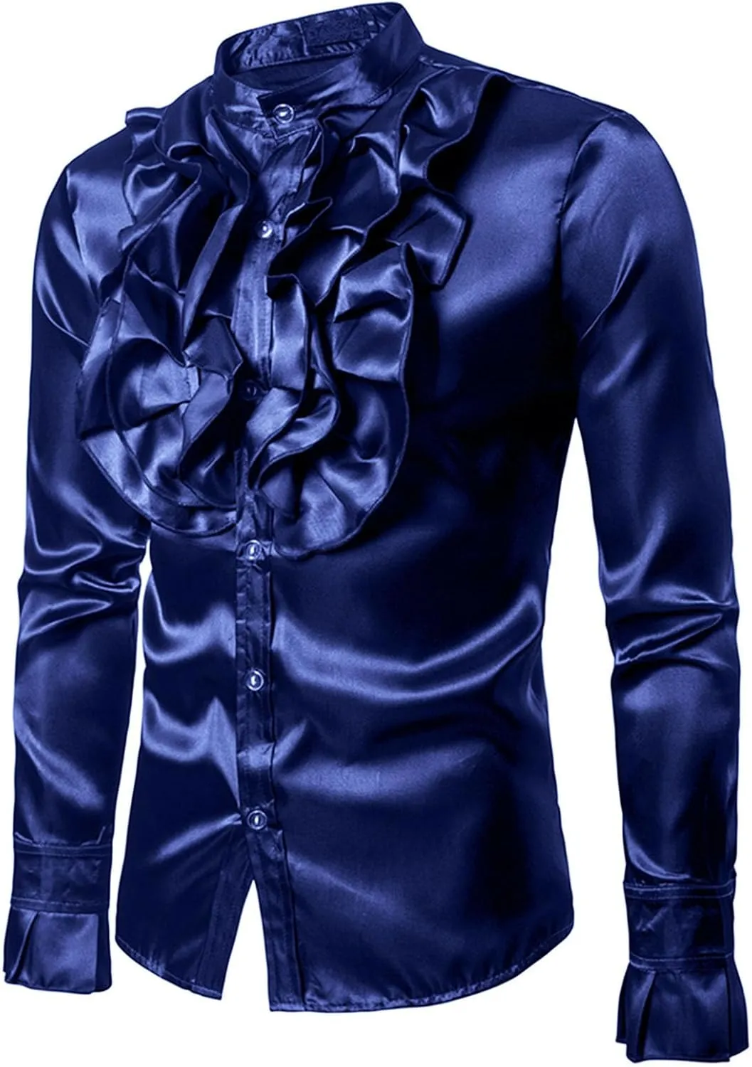 Mens Dress Shirts Long Sleeve Ruffled Shirt Satin Silk Dancing Shirt Disco Button Down Tops for Party Prom Nightclub