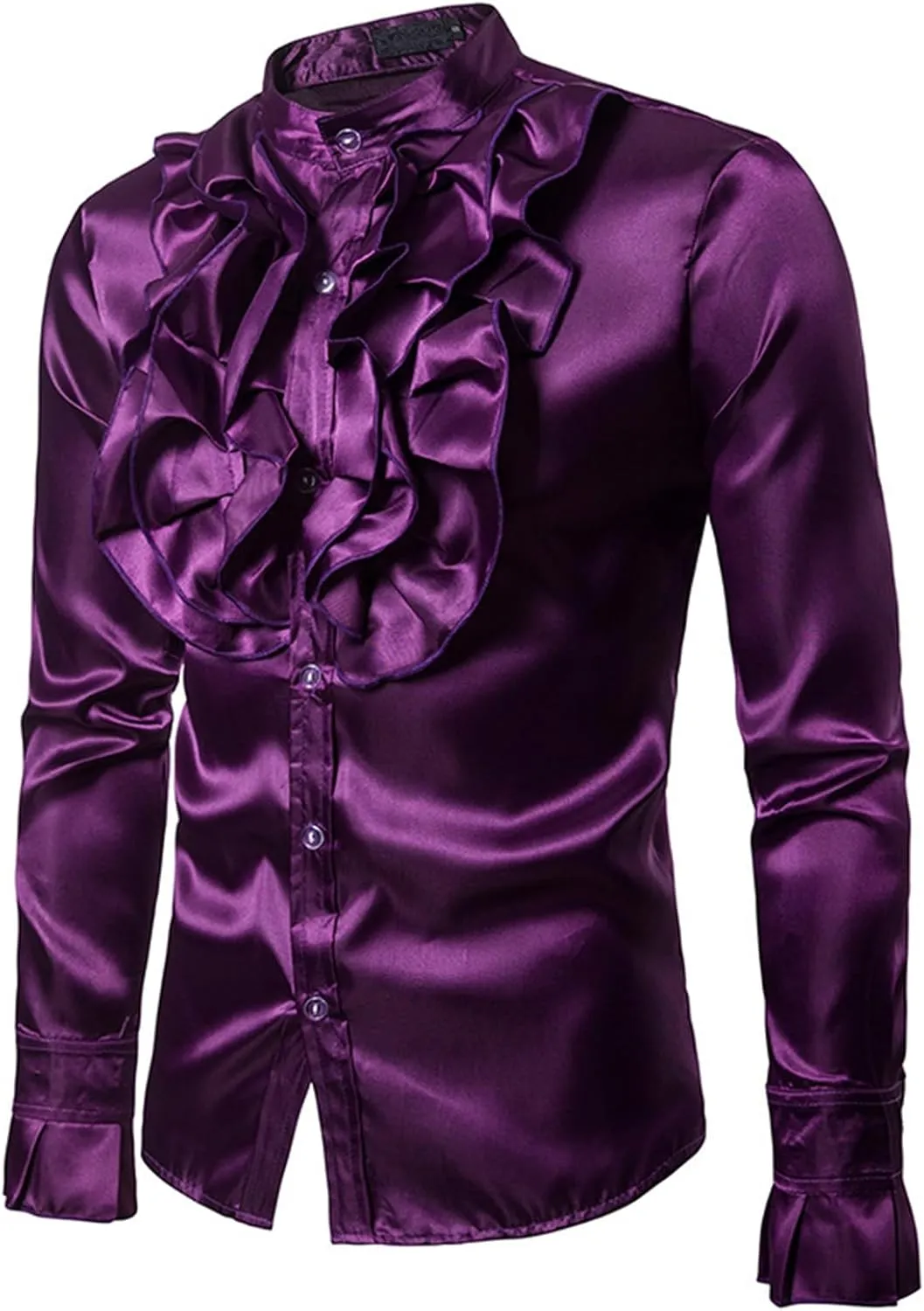 Mens Dress Shirts Long Sleeve Ruffled Shirt Satin Silk Dancing Shirt Disco Button Down Tops for Party Prom Nightclub