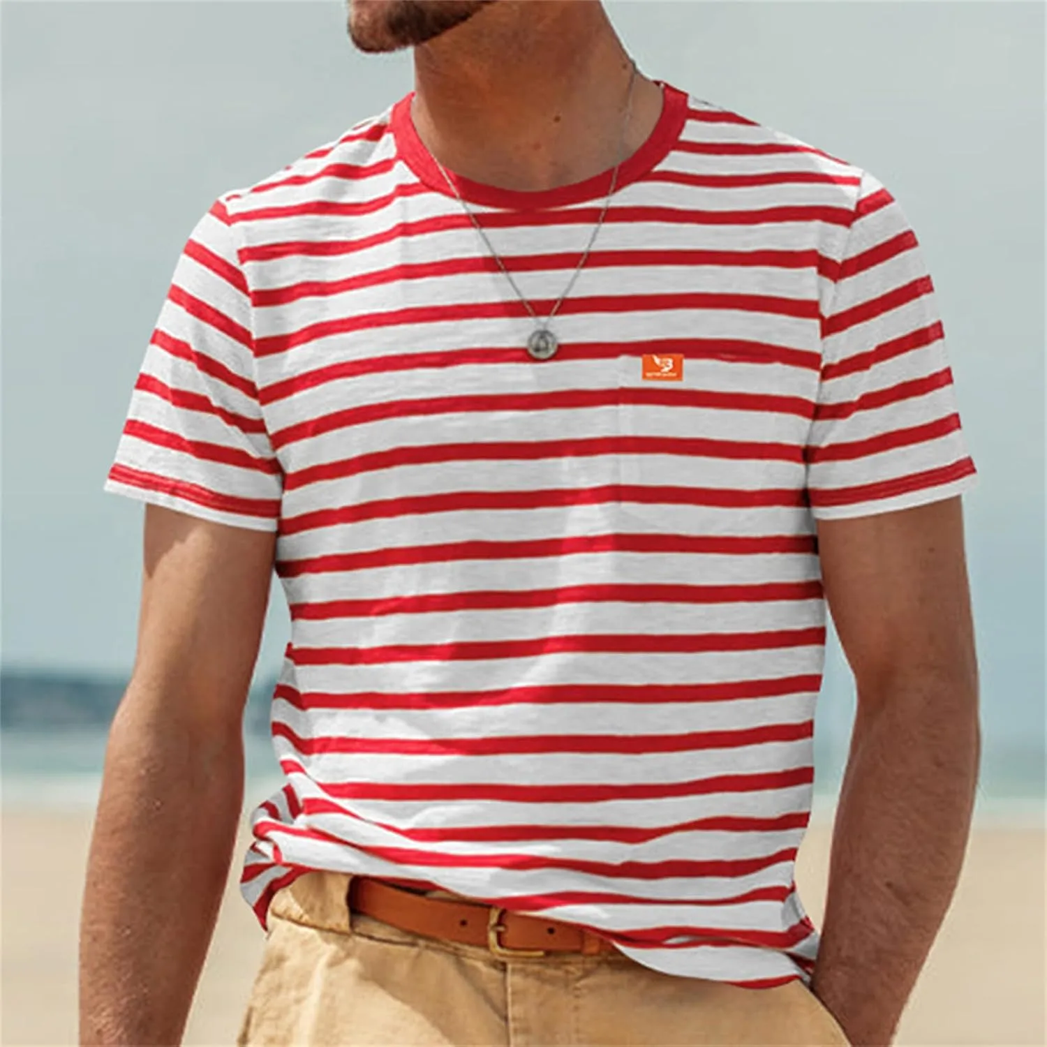 Mens Fashion T Shirts Striped Short Sleeve Crew Neck Sweatshirts Casual Outdoor Shirt Summer Beach Hawaiian T-Shirts