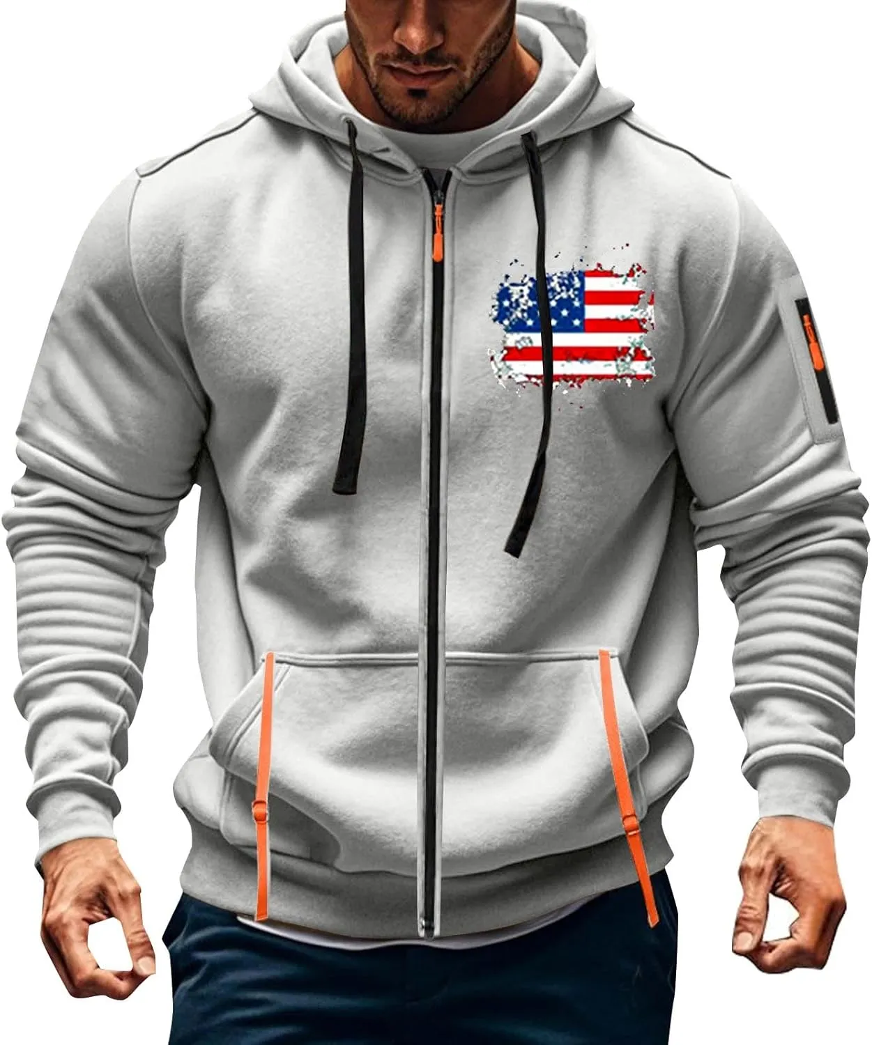 Mens Full Zip American Flag Print Hoodie Casual Long Sleeve Drawstring Shirt Comfy Patriotic Sweatshirts with Pockets