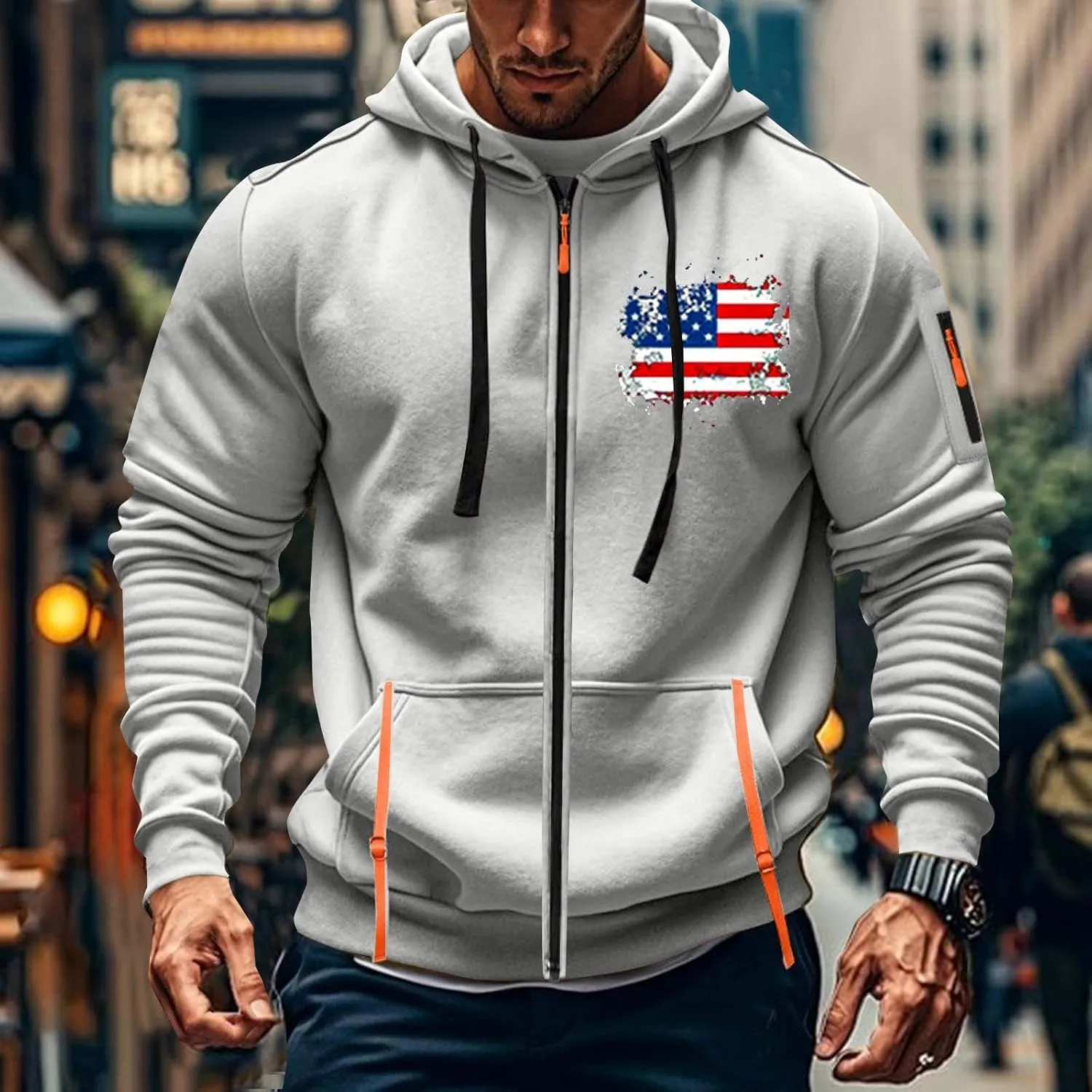 Mens Full Zip American Flag Print Hoodie Casual Long Sleeve Drawstring Shirt Comfy Patriotic Sweatshirts with Pockets