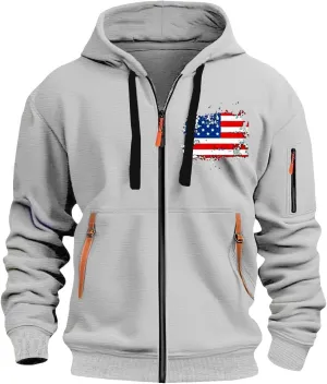 Mens Full Zip American Flag Print Hoodie Casual Long Sleeve Drawstring Shirt Comfy Patriotic Sweatshirts with Pockets