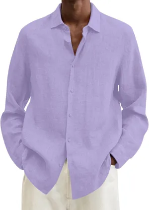 Men's Hawaiian Shirts Cotton Linen Button Up Long Sleeve Lapel Top Summer Casual Loose Tropical Holiday Beach Shirt