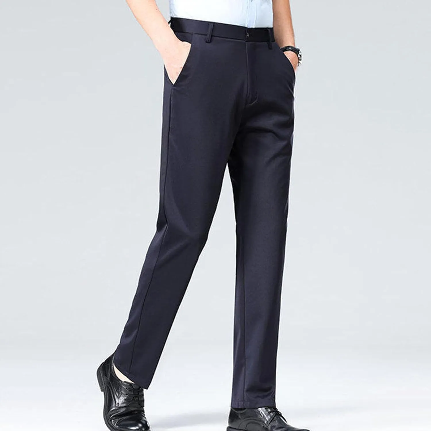 Men's High Waisted Dress Pants Elastic Waist Classic Stretch Flat Front Trousers Formal Casual Work Business Pants