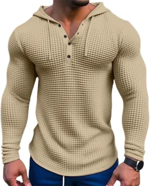 Mens Hoodies Casual Long Sleeve Drawstring Waffle Knit Hooded Sweatshirt Muscle Fit T Shirts Gym Workout Pullover Tops