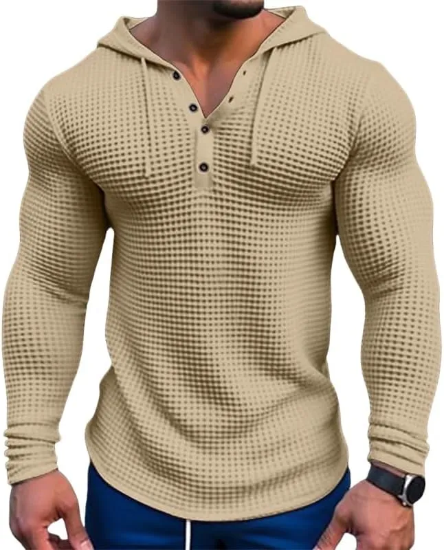 Mens Hoodies Casual Long Sleeve Drawstring Waffle Knit Hooded Sweatshirt Muscle Fit T Shirts Gym Workout Pullover Tops