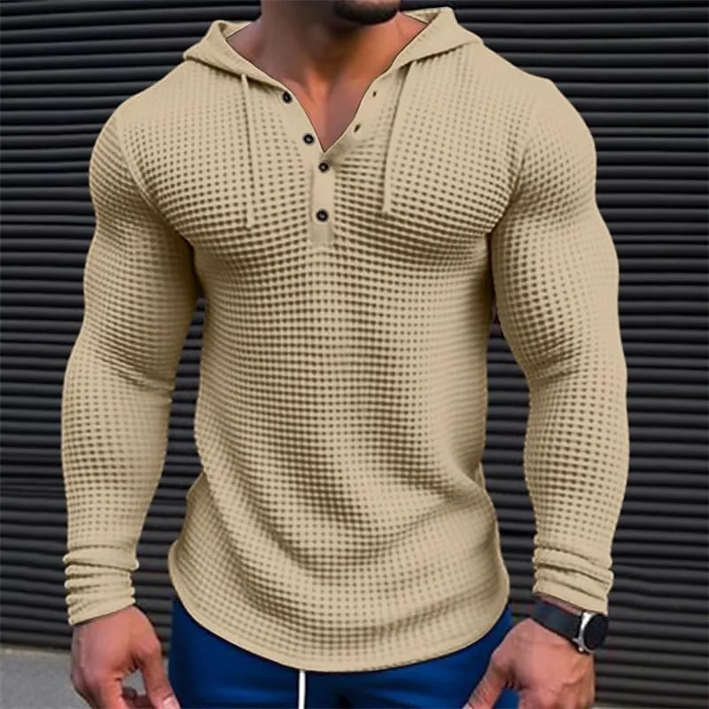 Mens Hoodies Casual Long Sleeve Drawstring Waffle Knit Hooded Sweatshirt Muscle Fit T Shirts Gym Workout Pullover Tops