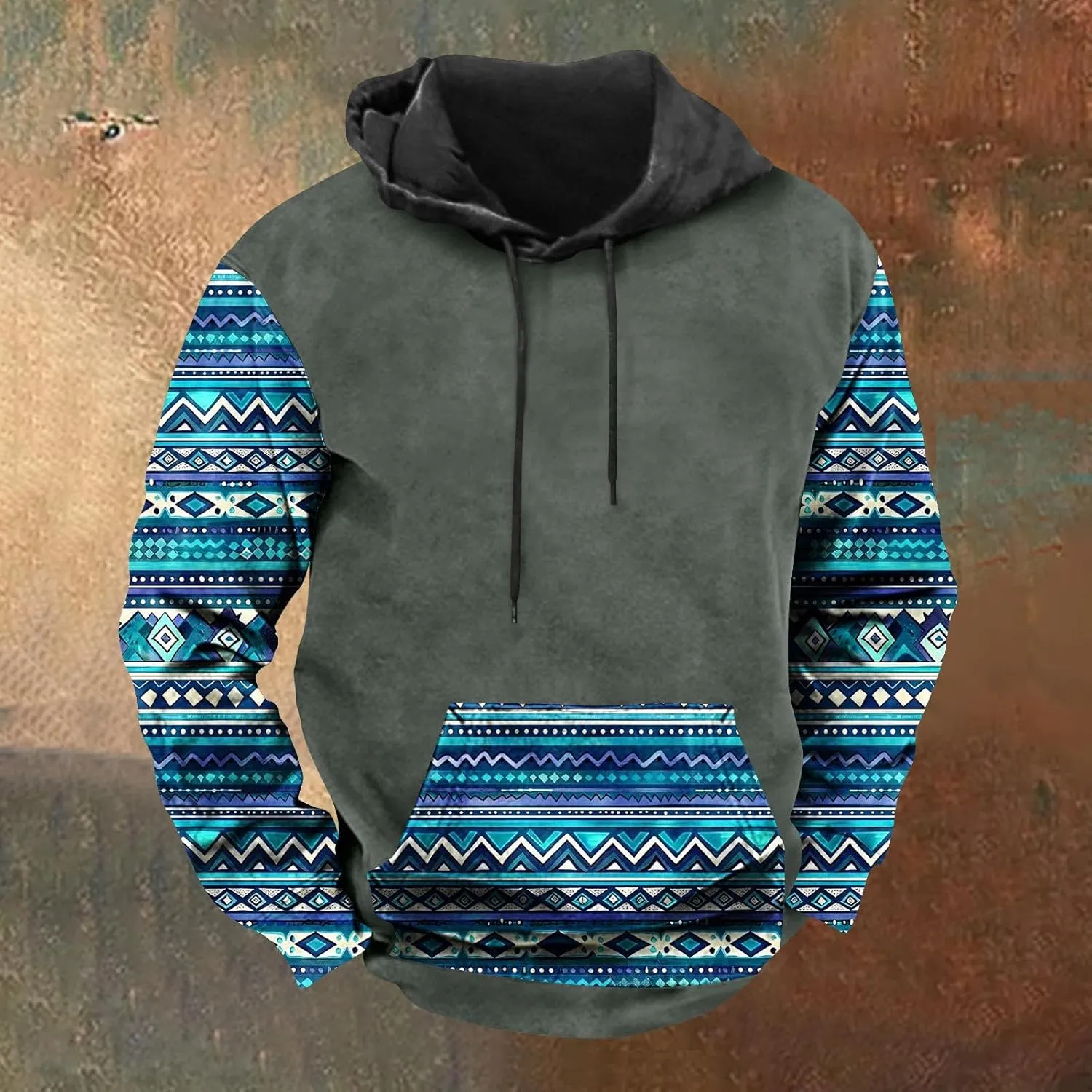 Mens Hoodies Pullover Western Aztec Ethnic Hooded Long Sleeve Sweatshirt Vintage Loose Casual Hoodie with Pockets
