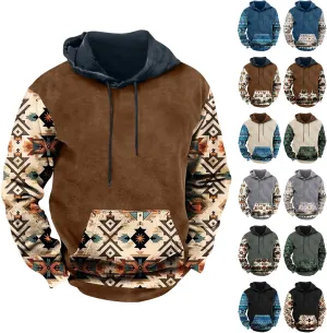 Mens Hoodies Pullover Western Aztec Ethnic Hooded Long Sleeve Sweatshirt Vintage Loose Casual Hoodie with Pockets