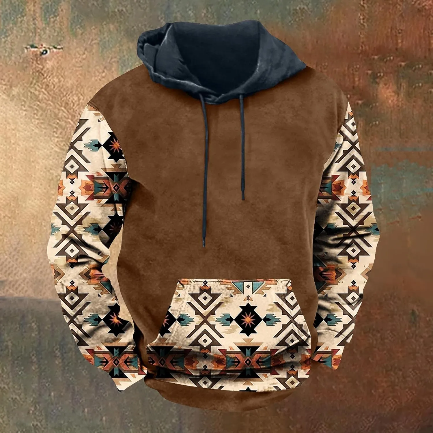 Mens Hoodies Pullover Western Aztec Ethnic Hooded Long Sleeve Sweatshirt Vintage Loose Casual Hoodie with Pockets