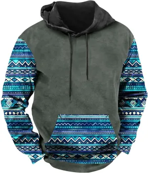 Mens Hoodies Pullover Western Aztec Ethnic Hooded Long Sleeve Sweatshirt Vintage Loose Casual Hoodie with Pockets