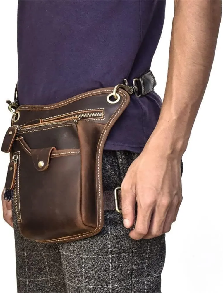Mens Leather Drop Leg Bag, Motorcycle Hiking Belt Fanny Waist Hip Bum Pack, Drop Leg Bag Pouches(Brown)