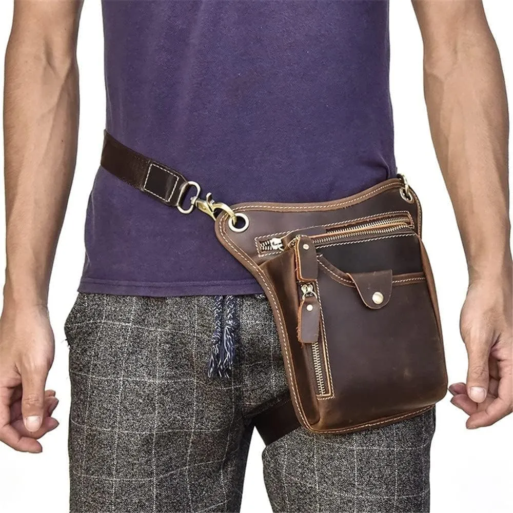 Mens Leather Drop Leg Bag, Motorcycle Hiking Belt Fanny Waist Hip Bum Pack, Drop Leg Bag Pouches(Brown)