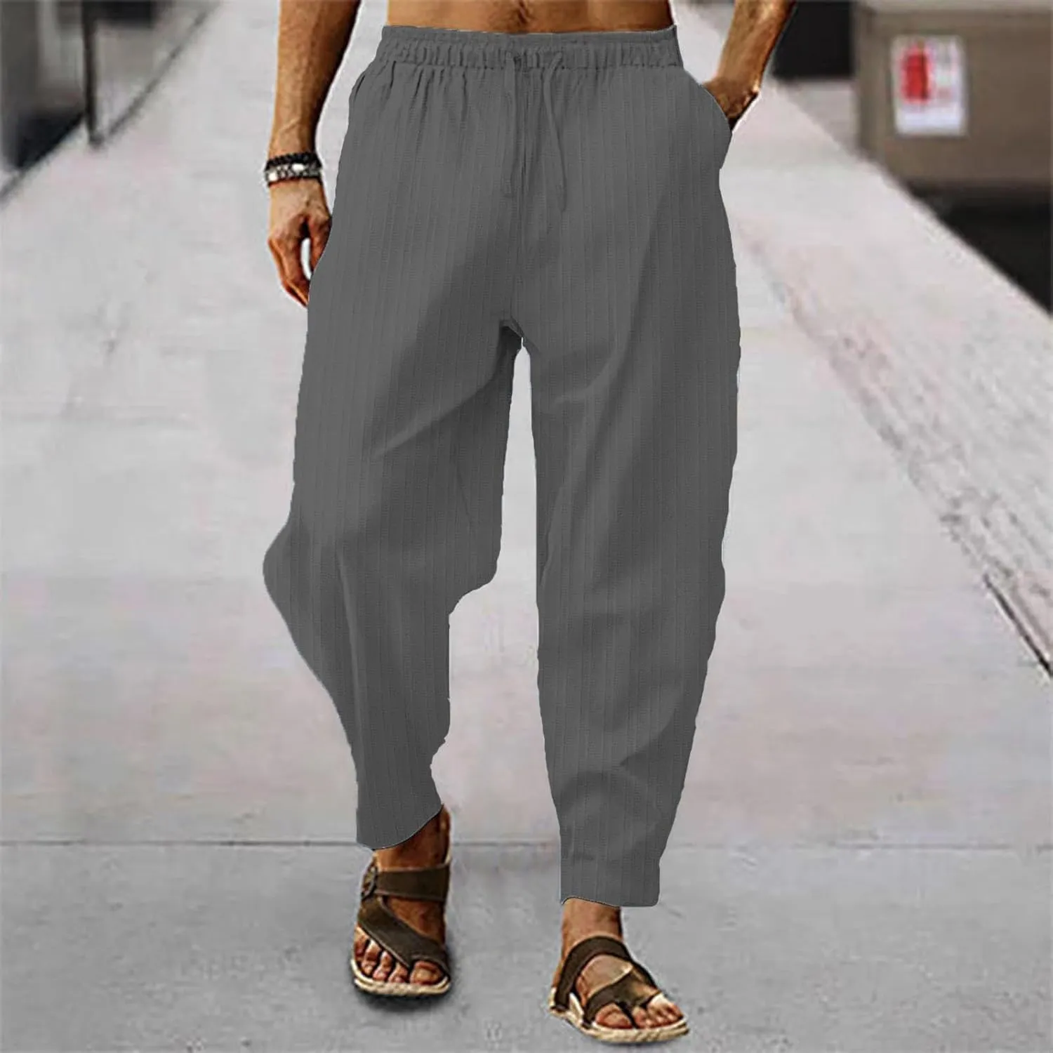Mens Linen Cotton Yoga Casual Pants for Summer Drawstring Beach Trousers Loose Fit Baggy Lounge Jogger Sweatpants