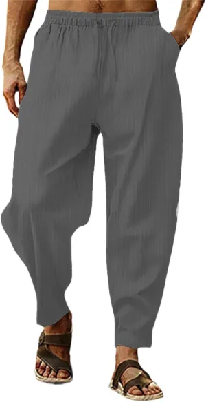 Mens Linen Cotton Yoga Casual Pants for Summer Drawstring Beach Trousers Loose Fit Baggy Lounge Jogger Sweatpants
