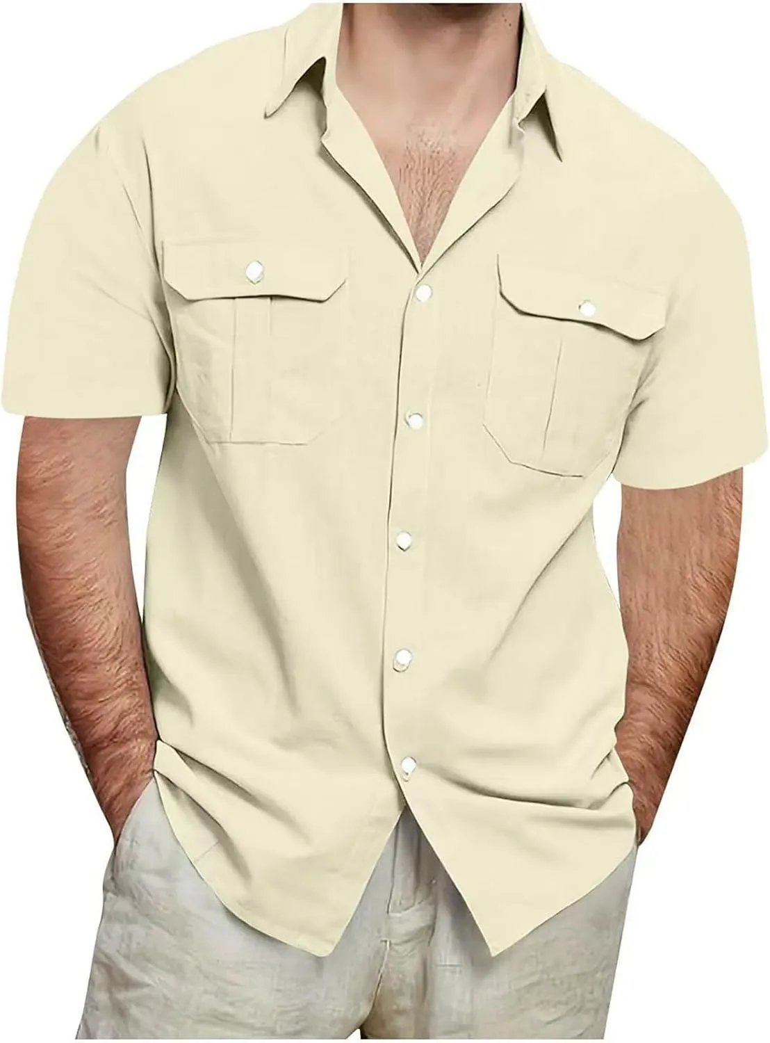 Men's Linen Shirts Casual Short Sleeve Button Down Cotton Shirt Lightweight Casual Summer Collared T-Shirt with Pocket