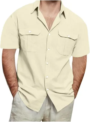 Men's Linen Shirts Casual Short Sleeve Button Down Cotton Shirt Lightweight Casual Summer Collared T-Shirt with Pocket
