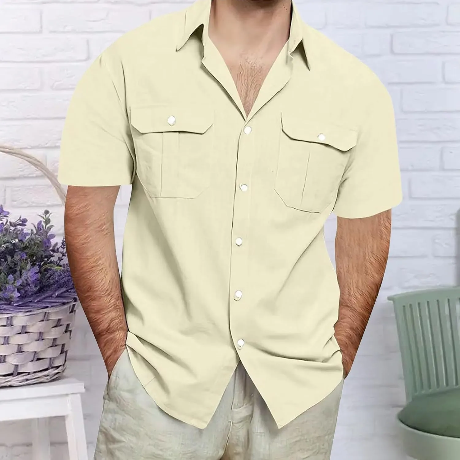 Men's Linen Shirts Casual Short Sleeve Button Down Cotton Shirt Lightweight Casual Summer Collared T-Shirt with Pocket