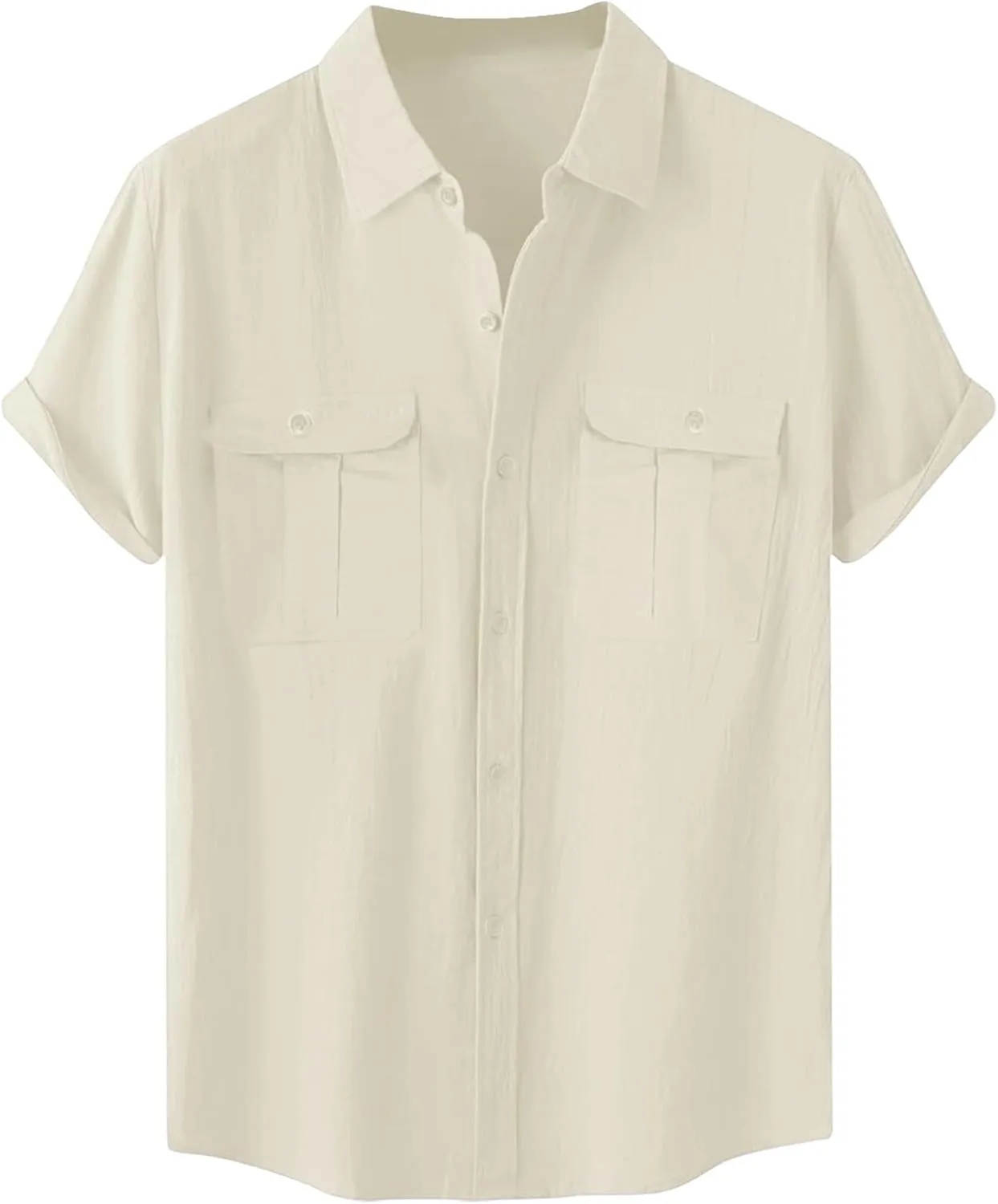 Men's Linen Shirts Casual Short Sleeve Button Down Cotton Shirt Lightweight Casual Summer Collared T-Shirt with Pocket