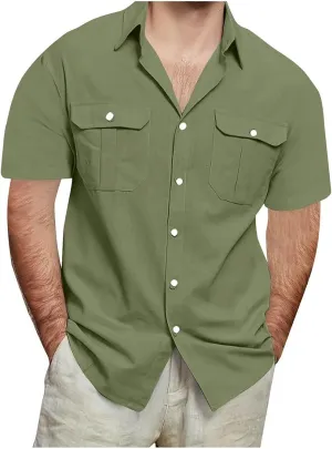 Men's Linen Shirts Casual Short Sleeve Button Down Cotton Shirt Lightweight Casual Summer Collared T-Shirt with Pocket