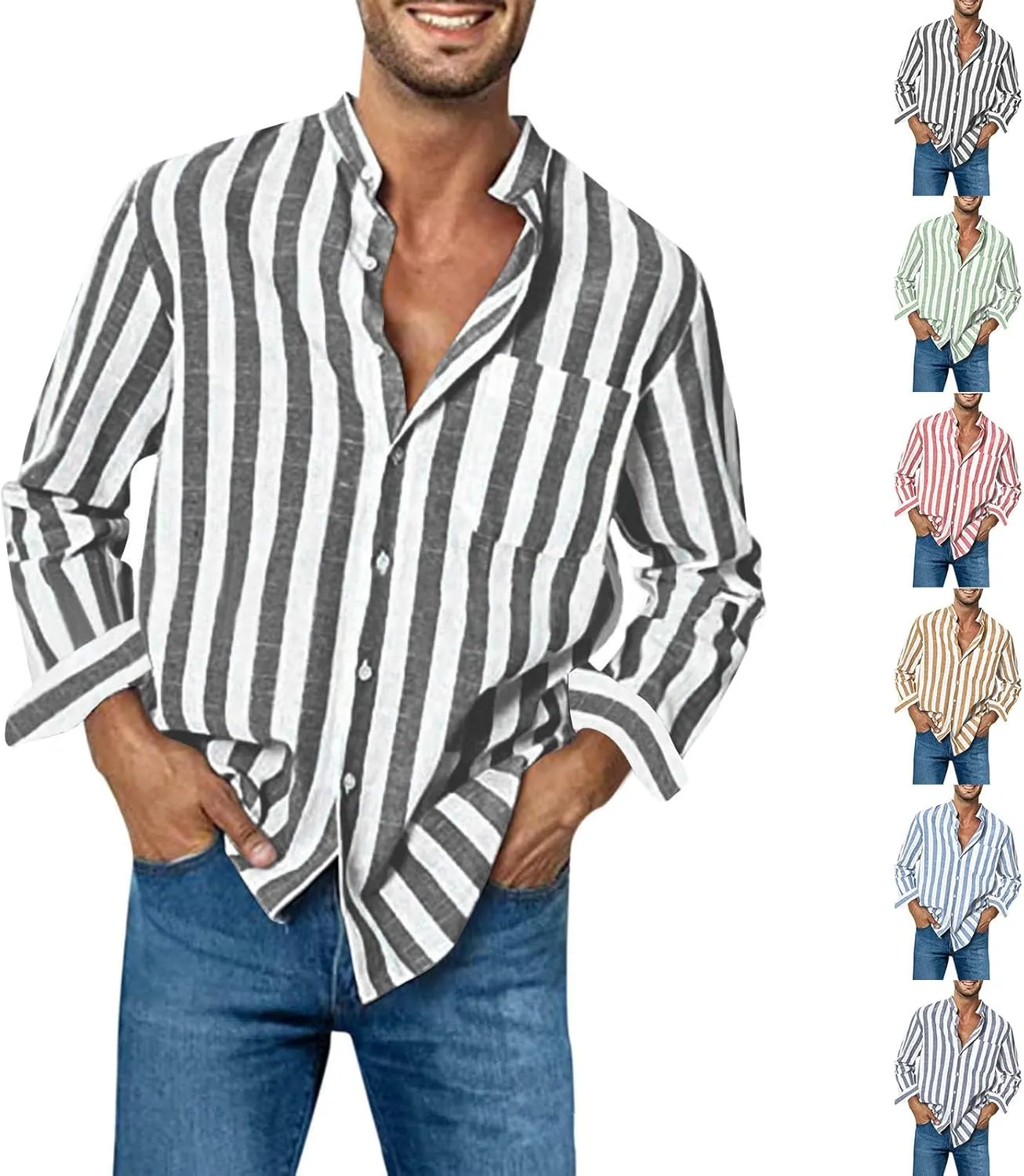 Men's Long Sleeve Button Down Shirts Casual Striped Collared Fall Tshirt Fashion 2024 Cotton Work Office Clothes