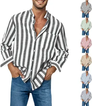 Men's Long Sleeve Button Down Shirts Casual Striped Collared Fall Tshirt Fashion 2024 Cotton Work Office Clothes