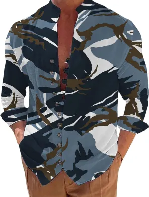 Mens Long Sleeve Camo Linen Shirts with Frog Buttons Stand Collar Travel Work Shirt Slim Fit Yoga Hawaiian Tunic Tops