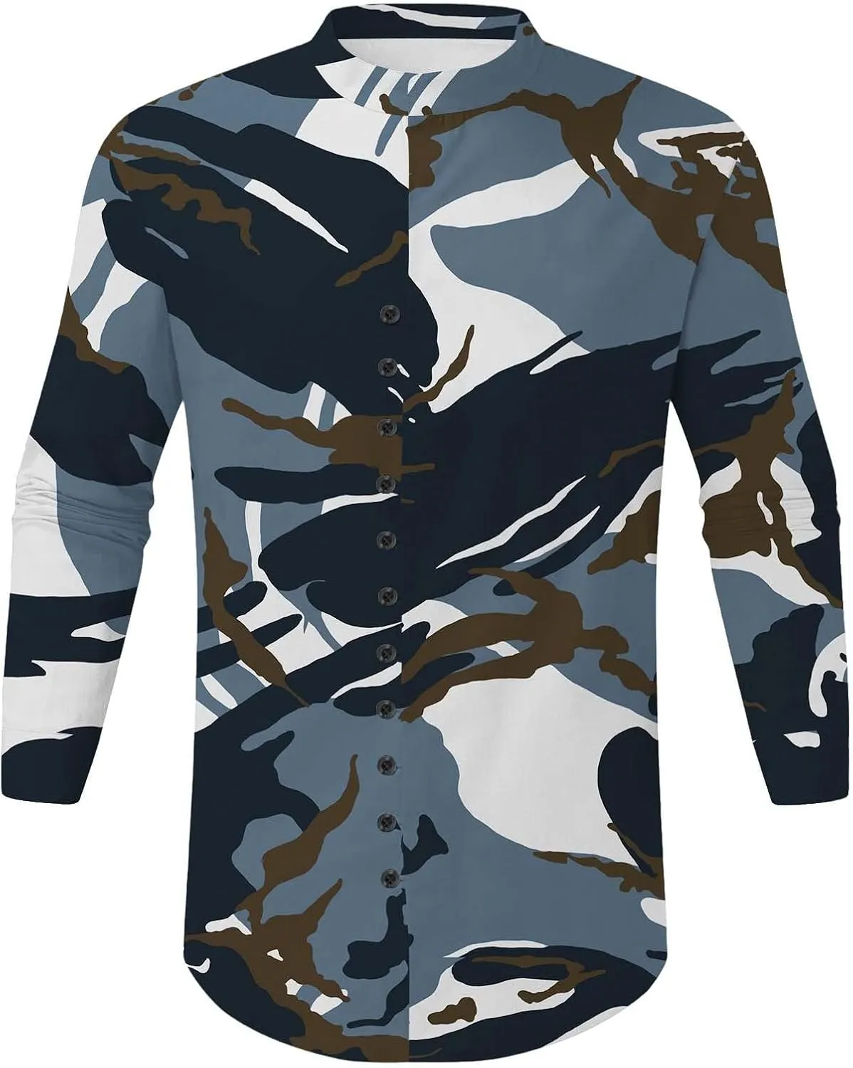 Mens Long Sleeve Camo Linen Shirts with Frog Buttons Stand Collar Travel Work Shirt Slim Fit Yoga Hawaiian Tunic Tops