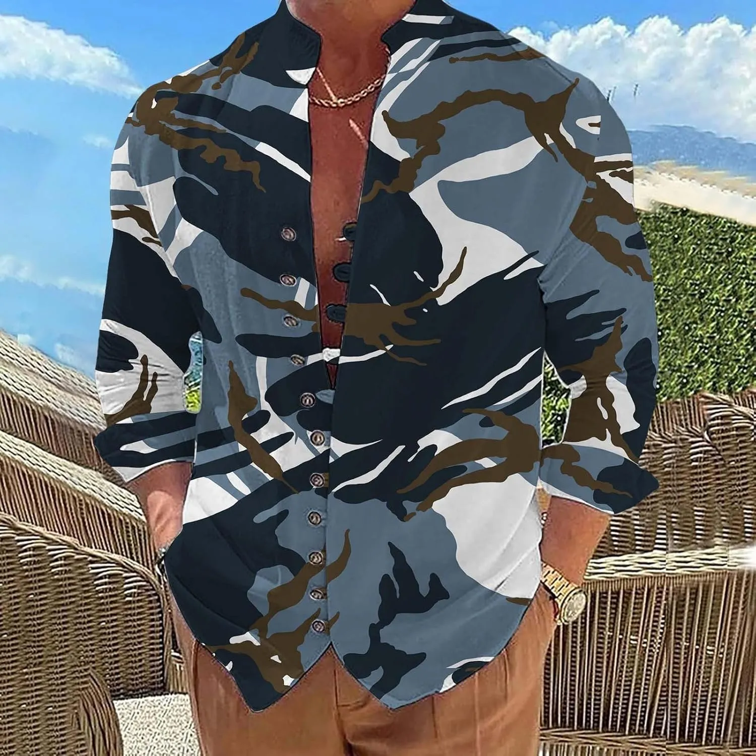 Mens Long Sleeve Camo Linen Shirts with Frog Buttons Stand Collar Travel Work Shirt Slim Fit Yoga Hawaiian Tunic Tops