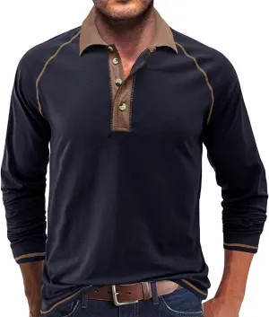 Men's Long Sleeve Polo Shirts Casual Slim Fit Basic Designed T Shirts Contrast Patchwork Pullover Tops Work Shirt
