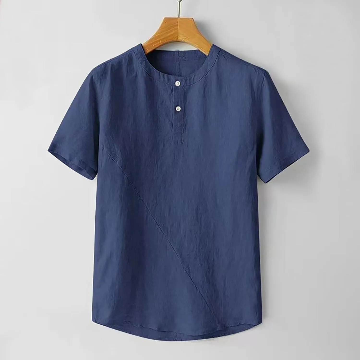 Mens Loose Cotton Linen T-Shirts Casual Solid Button Round Neck Henley Tops Summer Lightweight Short Sleeve Tees