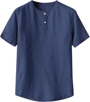 Mens Loose Cotton Linen T-Shirts Casual Solid Button Round Neck Henley Tops Summer Lightweight Short Sleeve Tees
