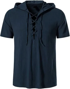 Mens Pirate Short Sleeve Shirts Summer Lace up Vintage Hooded Cotton Linen Renaissance Medieval Tops Beach Shirts