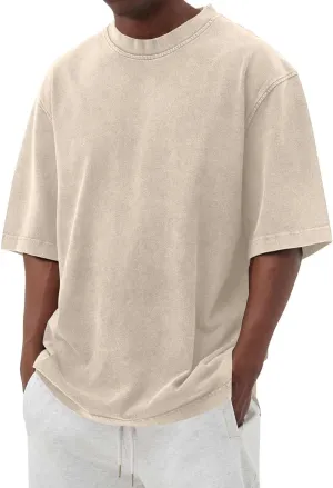 Mens Short Sleeve Crewneck Oversized T Shirt Heavy Cotton Summer T-Shirts American Vintage Washed Distressed Tee Tops