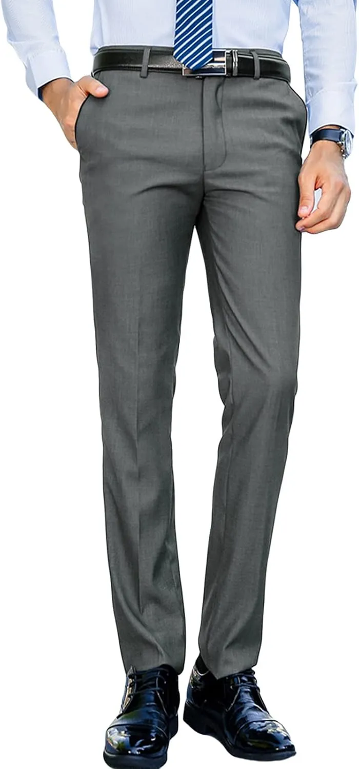 Men'S Slim-Fit Flat-Front Dress Pant Classic Business Chino Trousers Solid Color Skinny Comfort Wedding Pant (29,Grey), Grey, 29