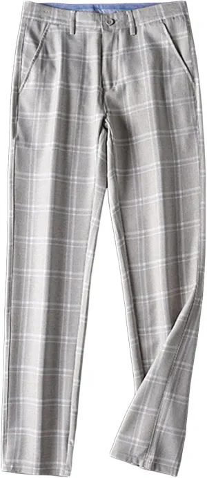 Men's Slim-Fit Flat-Front Dress Pant Straight Fit Plaid Stretch Skinny Casual Business Dress Chinos Pants (31,Green)