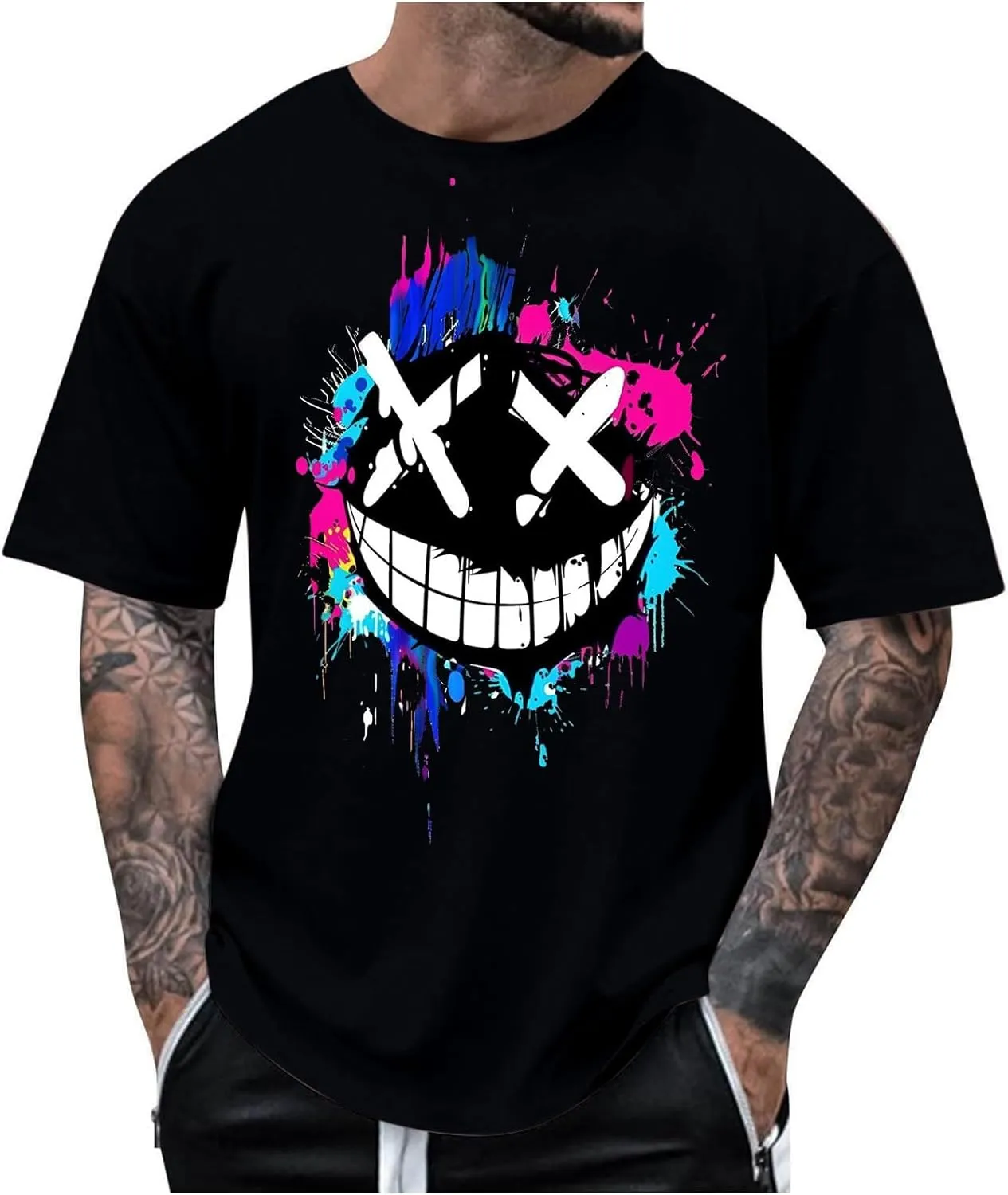 Mens T-Shirts Funny Smile Graphic Tees Hip Hop Short Sleeve Casual Pullover Crewneck Tops Sport Tee Shirts Streetwear