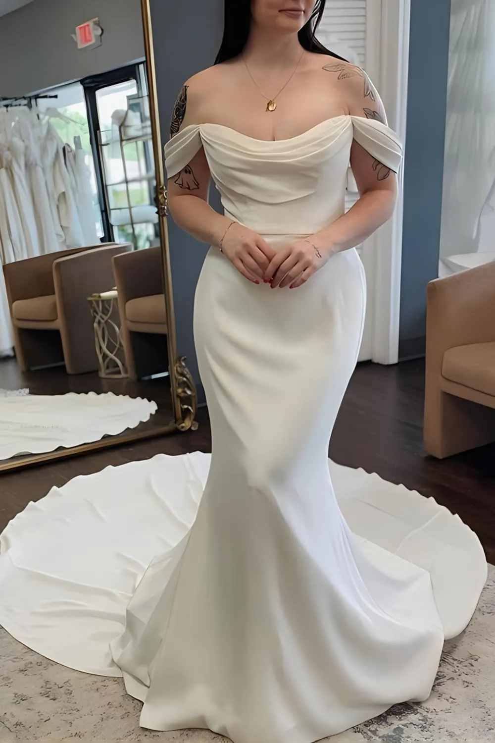 Mermaid Satin Long Wedding Dresses for Bride Modest Off The Shoulder Strapless Bridal Shower Dress with Train