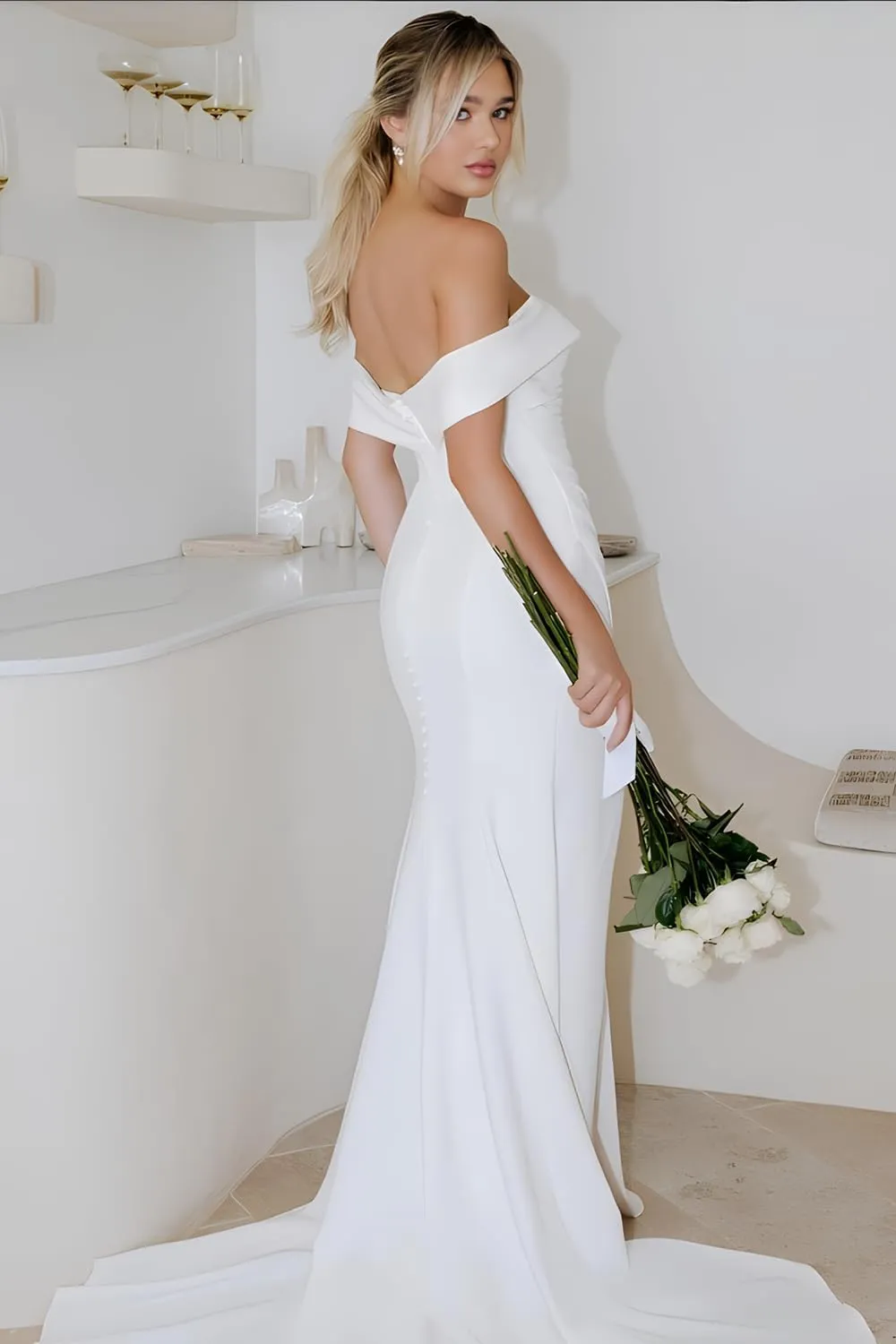 Mermaid Satin Long Wedding Dresses for Bride Modest Off The Shoulder Strapless Bridal Shower Dress with Train