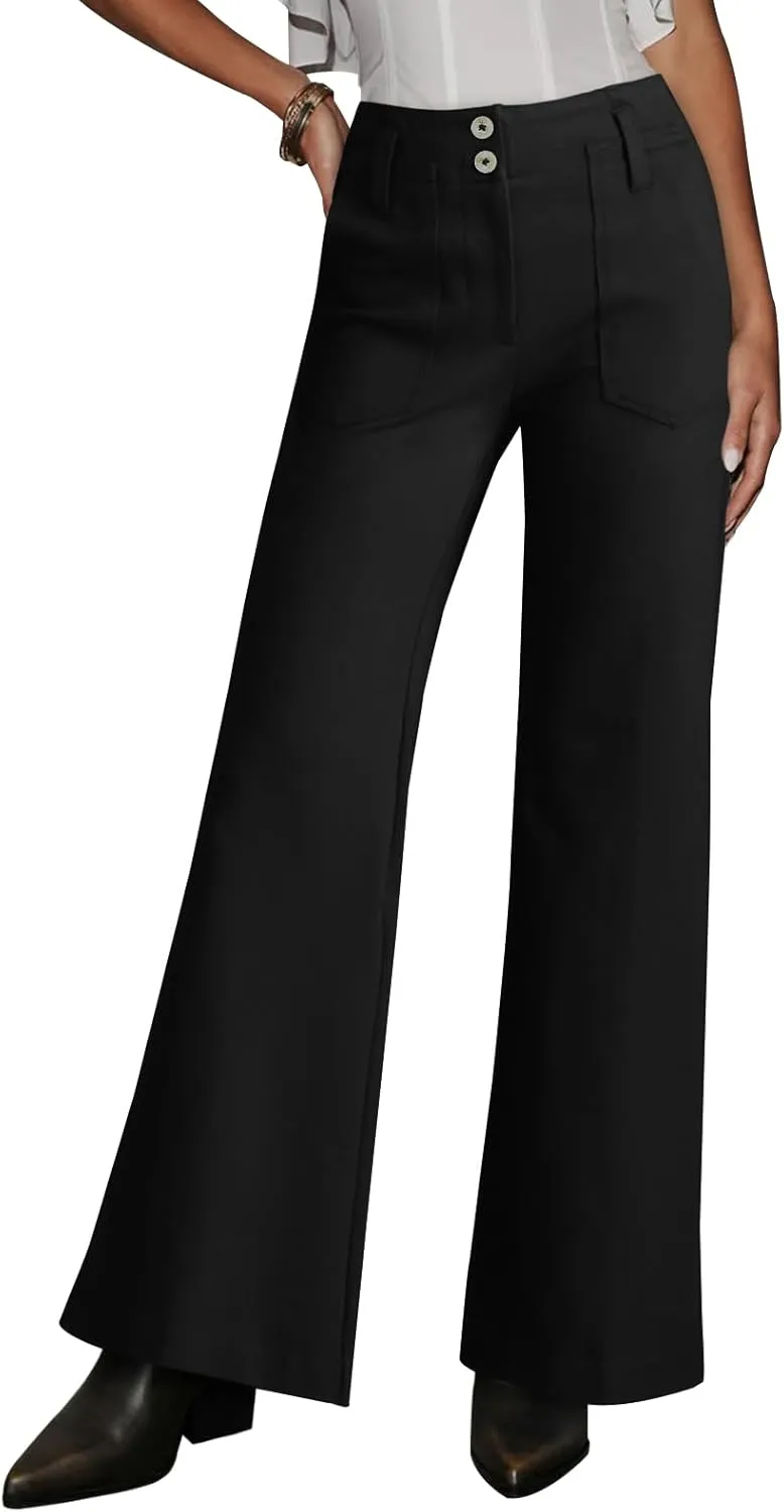 miduo Womens Solid Stretchy Buttons Wide Leg Straight Leg Long Flare Pants Trousers with Pockets