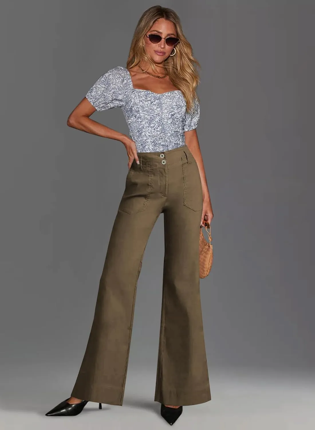 miduo Womens Solid Stretchy Buttons Wide Leg Straight Leg Long Flare Pants Trousers with Pockets