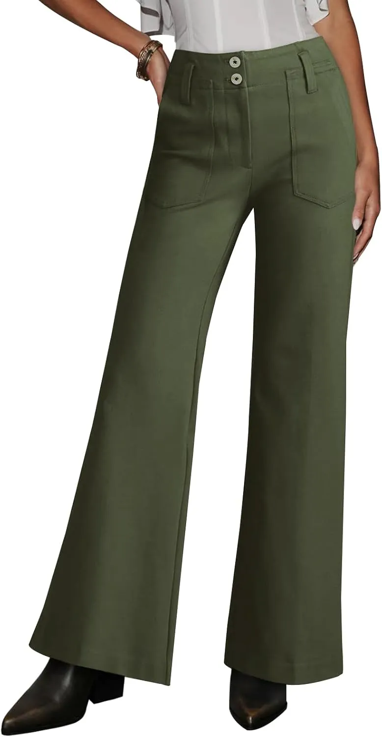 miduo Womens Solid Stretchy Buttons Wide Leg Straight Leg Long Flare Pants Trousers with Pockets